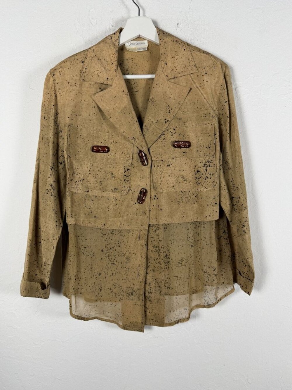 Vintage Vera Cristina Tan Silk Paint Splatter Sheer Panel Blazer Jacket Small